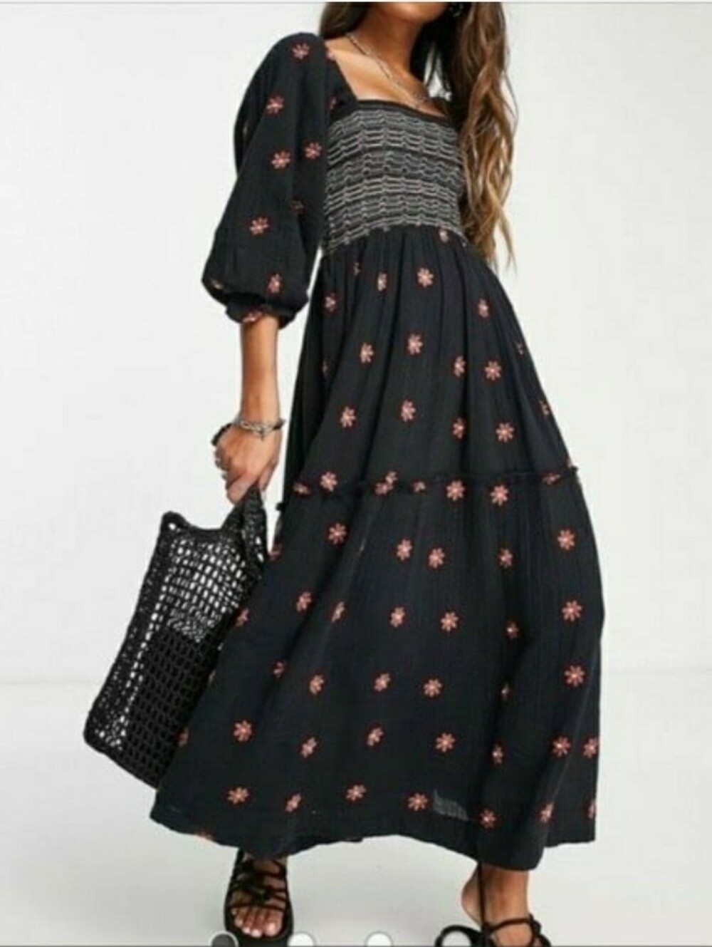 Free People Dahlia Embroidered Maxi Dress Black Combo Smocked Size Medium - Picture 1 of 12